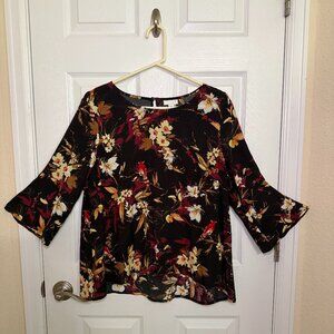 J. Jill 3/4 Sleeve Floral/Bird Print Rayon Blouse • Petite Large